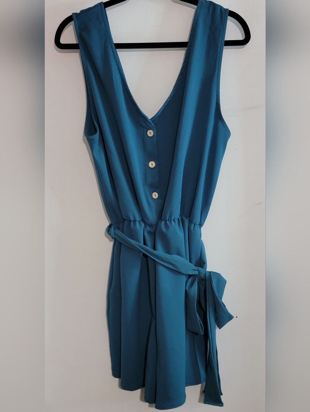 Haptics Teal Romper Sleeveless V-neck with Tie Waist